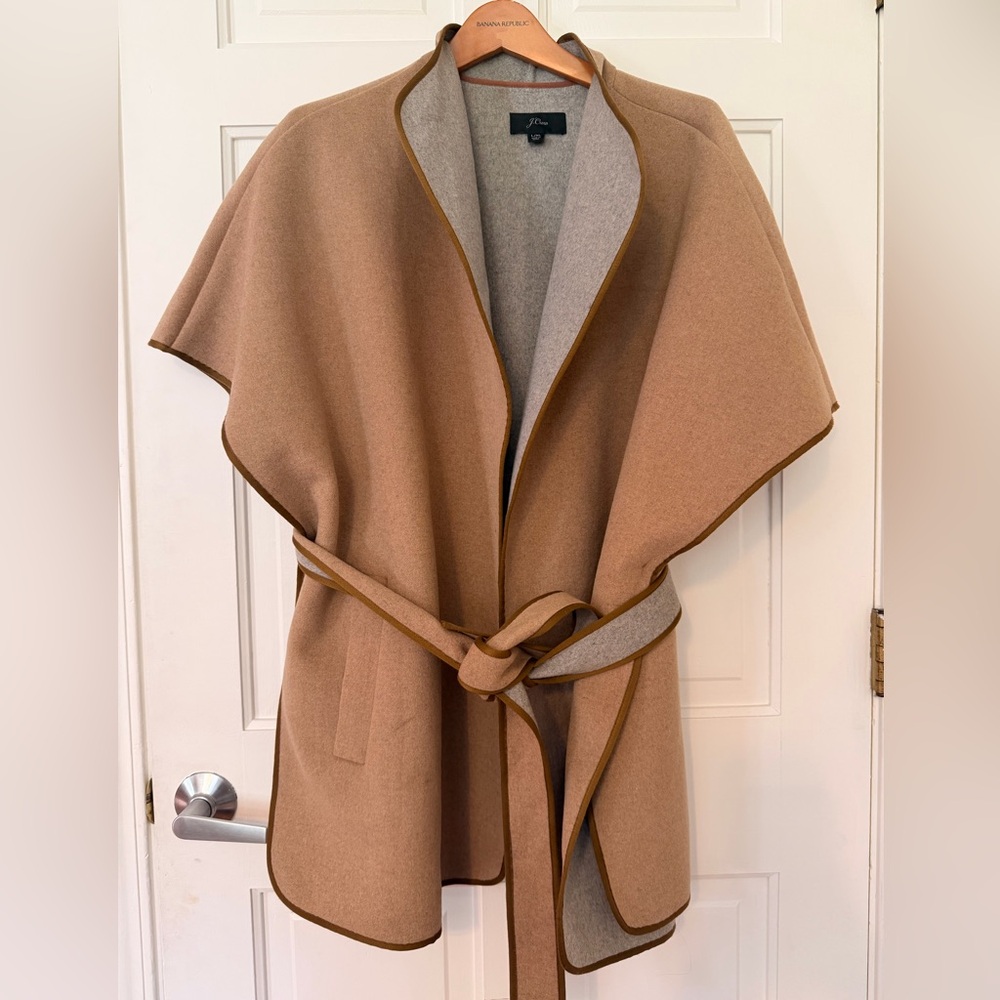J Crew contrast cape coat tie vest beige tan gray L/XL poncho wool mix